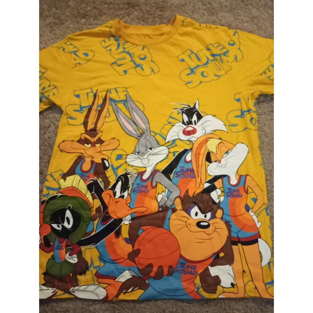 Space Jam Shirt Mens Large Yellow Blue Short Sleeve Graphic Tee Tune Squad
